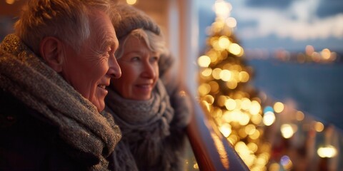 Elderly couple lean on cruise ship railing watching lit Christmas tree over calm sea at twilight. Nostalgic holiday voyage celebration, timeless love at sea vibe.