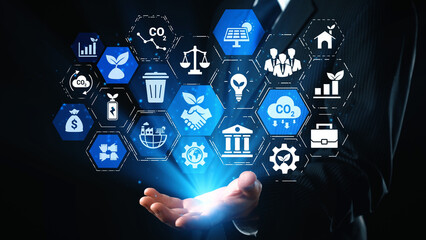 ESG icons show environmental impact, social responsibility, and corporate governance. ESG drives sustainability, ESG investment, ESG reporting, and business growth. Gist