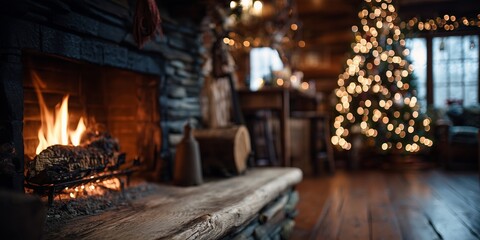 Naklejka premium Cozy wooden cabin living room with roaring stone fireplace and bokeh-lit Christmas tree in warm glow. Rustic holiday hearth comfort, inviting festive winter sanctuary vibe.