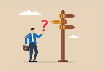 Flat illustration of confused businessman look at wooden road sign deciding on right business path