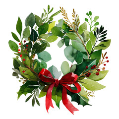 Watercolor Christmas holiday wreath space for copy on a Seasons Greetings card. Corporate holiday. 