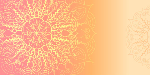 Intricate mandala design on pink and yellow. Mandala background for decoration invitation, cards, logos, cover, brochure, flyer, banner. Islam, arabic, Indian, ottoman motifs