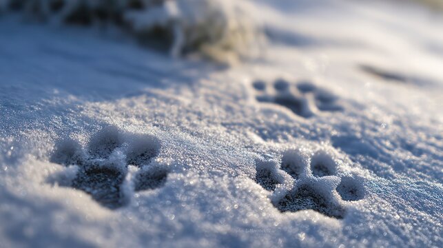  Macro close-up of small, delicate animal paw prints (rabbit or fox) perfectly imprinted in a patch of fresh, crystalline snow - Powered by Adobe