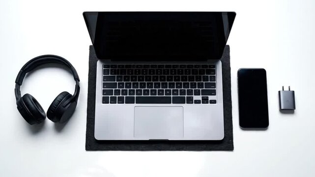 Overhead view of essential tech gadgets neatly arranged on a clean white background