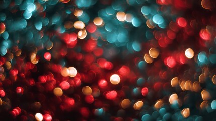  Macro shot of abstract, blurred Christmas tree lights creating vibrant red, gold, and deep teal color spots (bokeh)