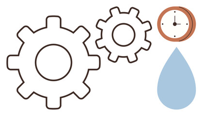 Two interlocking gears, a clock, and a water droplet symbolize efficiency, time management, and resource conservation. Ideal for themes thumbs up productivity, sustainability, engineering, precision