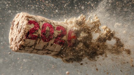 Macro shot of champagne cork popping, with the foam forming the abstract shape of the numbers 2026