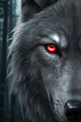 Fototapeta premium Intense close-up gray wolf portrait with glowing red eye in dark forest atmosphere