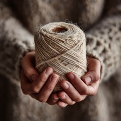  Macro shot of delicate hands gently holding a spool of soft, undyed wool yarn, focusing on the texture of the yarn and skin