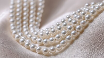 Macro shot of several strands of perfectly round, shimmering white pearls draped against a background of soft, pale silk