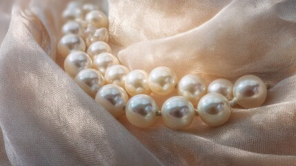  Macro shot of several strands of perfectly round, shimmering white pearls draped against a background of soft, pale silk