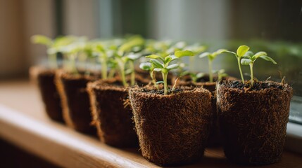  Macro shot of small green seedlings sprouting from peat pots, carefully arranged in a row near a bright window