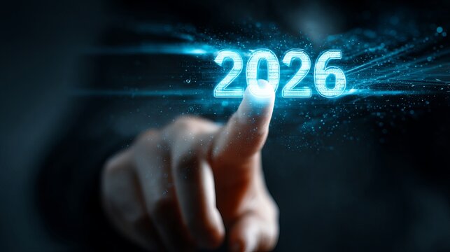 Future forward touch on glowing 2026 digital interface, representing innovation and upcoming technological advancements.