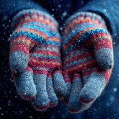  Macro shot of two hands in brightly colored, patterned wool mittens catching gentle snowflakes