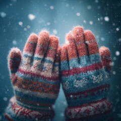  Macro shot of two hands in brightly colored, patterned wool mittens catching gentle snowflakes