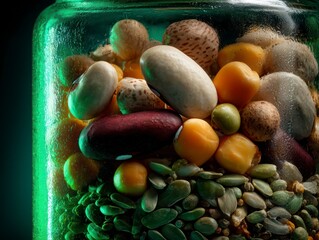  Macro shot of various seeds (grains, legumes) resting securely in a protective, clear glass jar, with a soft green glow from beneath