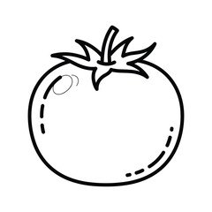 Black and white outline drawing of a ripe tomato with green stem fruit vegetable