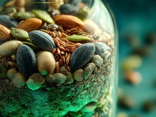  Macro shot of various seeds (grains, legumes) resting securely in a protective, clear glass jar, with a soft green glow from beneath