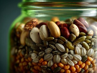  Macro shot of various seeds (grains, legumes) resting securely in a protective, clear glass jar, with a soft green glow from beneath