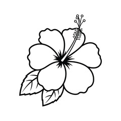 Black and white outline of a hibiscus flower with leaves line art