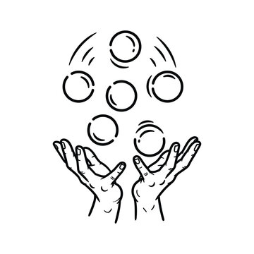 Black and white line drawing of hands juggling six circles balls tossing