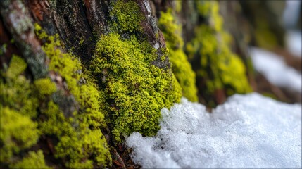  Macro view of vibrant, neon-green moss and lichen thriving on a dark tree trunk, with a patch of melting snow clinging to the base