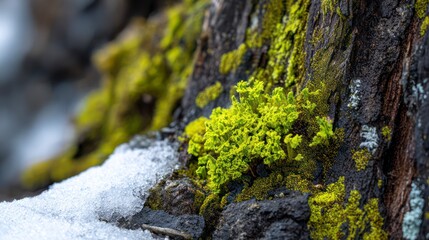  Macro view of vibrant, neon-green moss and lichen thriving on a dark tree trunk, with a patch of melting snow clinging to the base