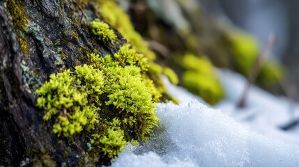  Macro view of vibrant, neon-green moss and lichen thriving on a dark tree trunk, with a patch of melting snow clinging to the base