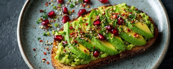  Overhead close-up of a vibrant green avocado toast topped with colorful seeds and chili flakes, styled on a simple ceramic plate