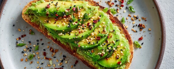  Overhead close-up of a vibrant green avocado toast topped with colorful seeds and chili flakes, styled on a simple ceramic plate