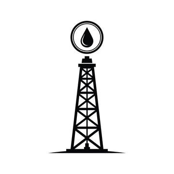 Black oil derrick with drop symbol on white background oil rig oil drop