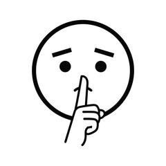 Black and white cartoon face with finger to lips gesture shushing quiet