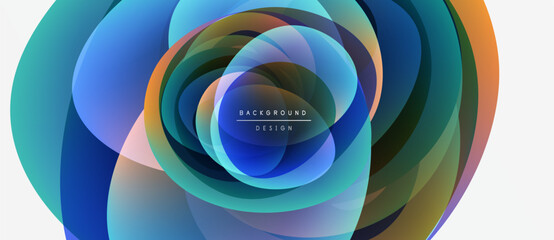 Abstract layers create vibrant circular design. Colors blend, forming dynamic visual effect. Modern, clean aesthetic.