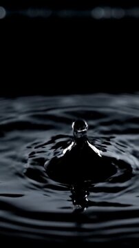 Extreme slow motion of a single water drop impacting a reflective black surface creating subtle ripples and a dynamic circular shadow pattern space, impact, background