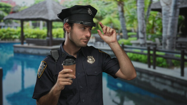 Police officer man holding coffee cup with hand at building poolside, pointing with free hand; calm duty. - Powered by Adobe
