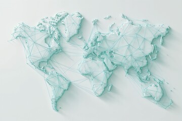White 3D world map connected with turquoise lines and dots. Concept of global communication, network and digital technology.
