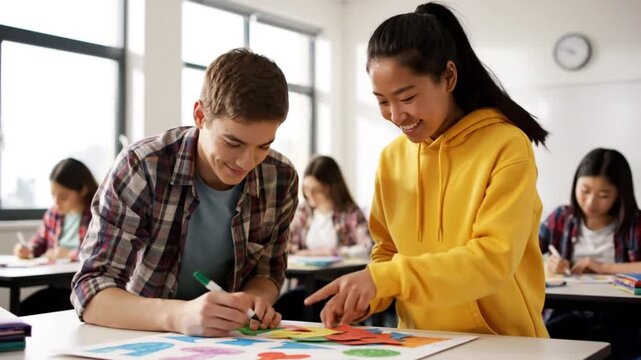 Diverse students collaborate on a colorful art project in a bright classroom. - Powered by Adobe