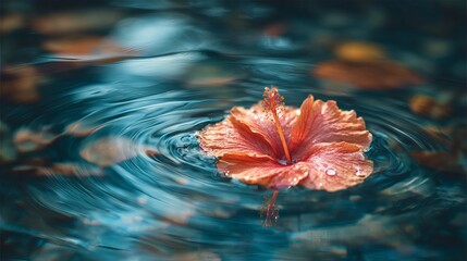 Vibrant orange hibiscus flower gently floats on rippling turquoise water surface, creating serene, calming, and natural beauty.