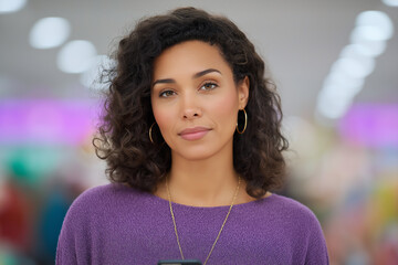 Woman with curly hair is holding smartphone, wearing purple sweater, in a vibrant retail environment, showcasing modern lifestyle and technology