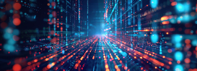 Digital Highway: Futuristic perspective, a data stream visualized as an immersive digital highway, illuminated with vibrant streams of light and intricate lines.