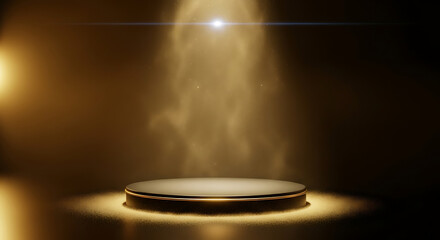 Empty illuminated stage podium with golden spotlight and atmospheric dust