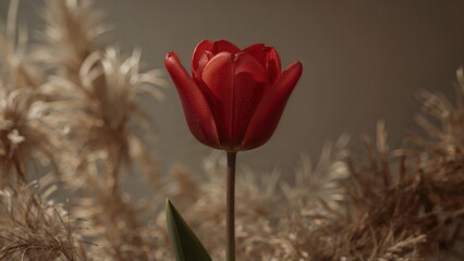 Obraz premium Single red tulip flower with green leaf amidst dry, beige grass and plants.