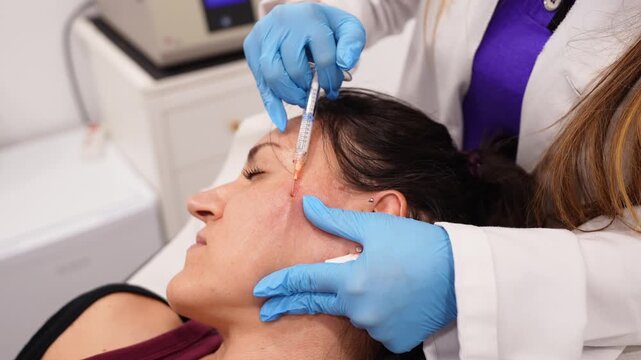 Professional beautician performing a facial biostimulator procedure on a female patient. Cosmetic surgeon injecting collagen filler for skin rejuvenation