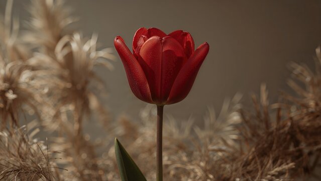 Single red tulip flower with green leaf amidst dry, beige grass and plants. - Powered by Adobe