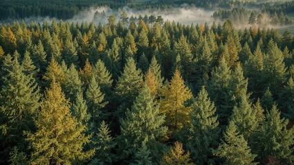 Dense forest landscape with tall trees and misty background.