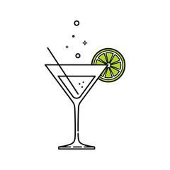 Martini glass with lime slice and bubbles in minimalist line art style cocktail drink