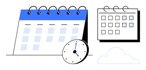 Page-a-day calendar, clock, and minimal cloud element symbolizing time coordination, task scheduling, event planning, deadline tracking. Ideal for productivity, organization, time management