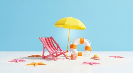 A miniature beach scene with a pink striped deck chair, a yellow umbrella, a life preserver, and starfish on a sandy surface with a blue sky background