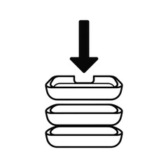 Stacked food containers with downward arrow icon pile down arrow