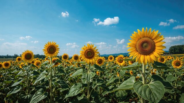 Sunflowers blooming in a field under a blue sky with clouds.